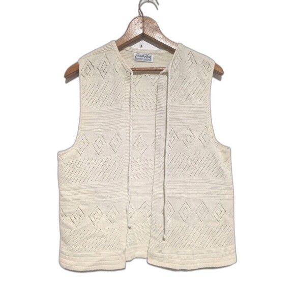 Cuddle Knit Sweaters - Vintage Cuddle Knit Sweater Vest Cream Pointelle Acrylic Boho S/M